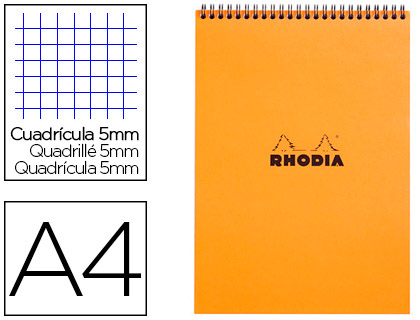 BLOC RHODIA CLASSIC ORANGE A4 21X29.7CM COUVERTURE CARTE ENDUITE RELIURE INTGRALE 80F 80G 5X5MM MICROPERFOR