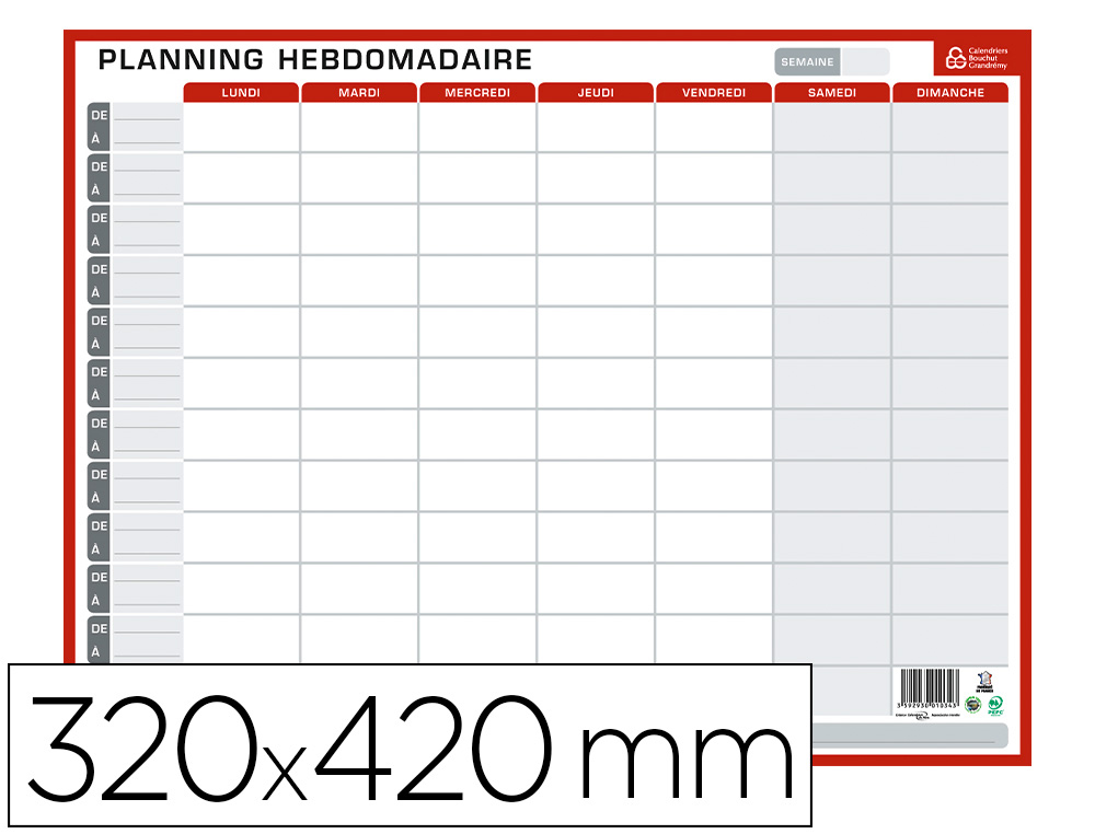 PLANNING BOUCHUT GRANDREMY HEBDO ET ANNUEL PERPTUEL RECTO GRILLE HEBDOMADAIRE VERSO GRILLE 12 MOIS 320X420MM