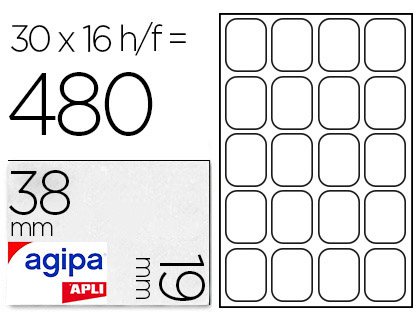 TIQUETTE ADHSIVE APLI AGIPA MULTI-USAGE 19X38MM LASER JET D'ENCRE FORMATS PARAMTRS TUI A5 480 UNITS