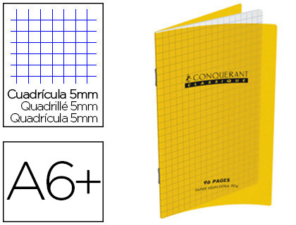 CARNET AGRAF CONQURANT CLASSIQUE COUVERTURE POLYPROPYLNE 11X17CM 96 PAGES 90G 5X5MM COLORIS JAUNE