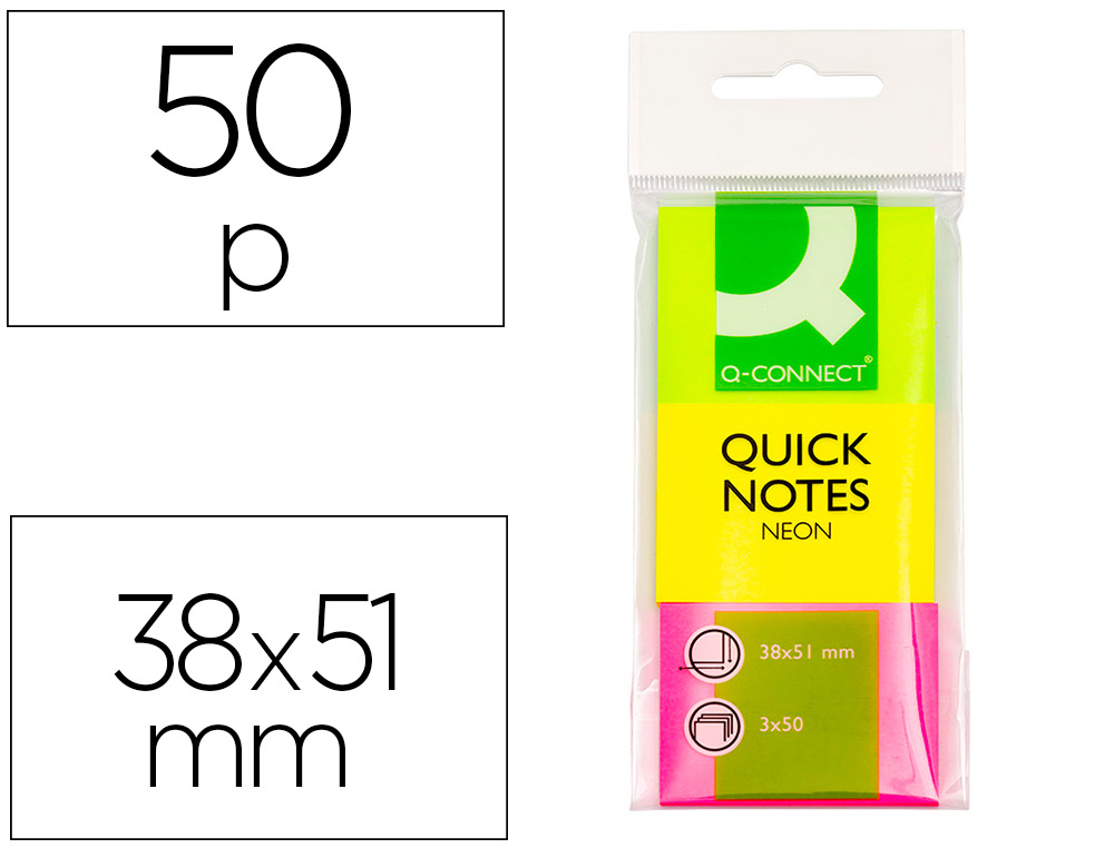 BLOC-NOTES Q-CONNECT COULEURS NON 38X51MM 50F REPOSITIONNABLES COLORIS ASSORTIS 3 BLOCS